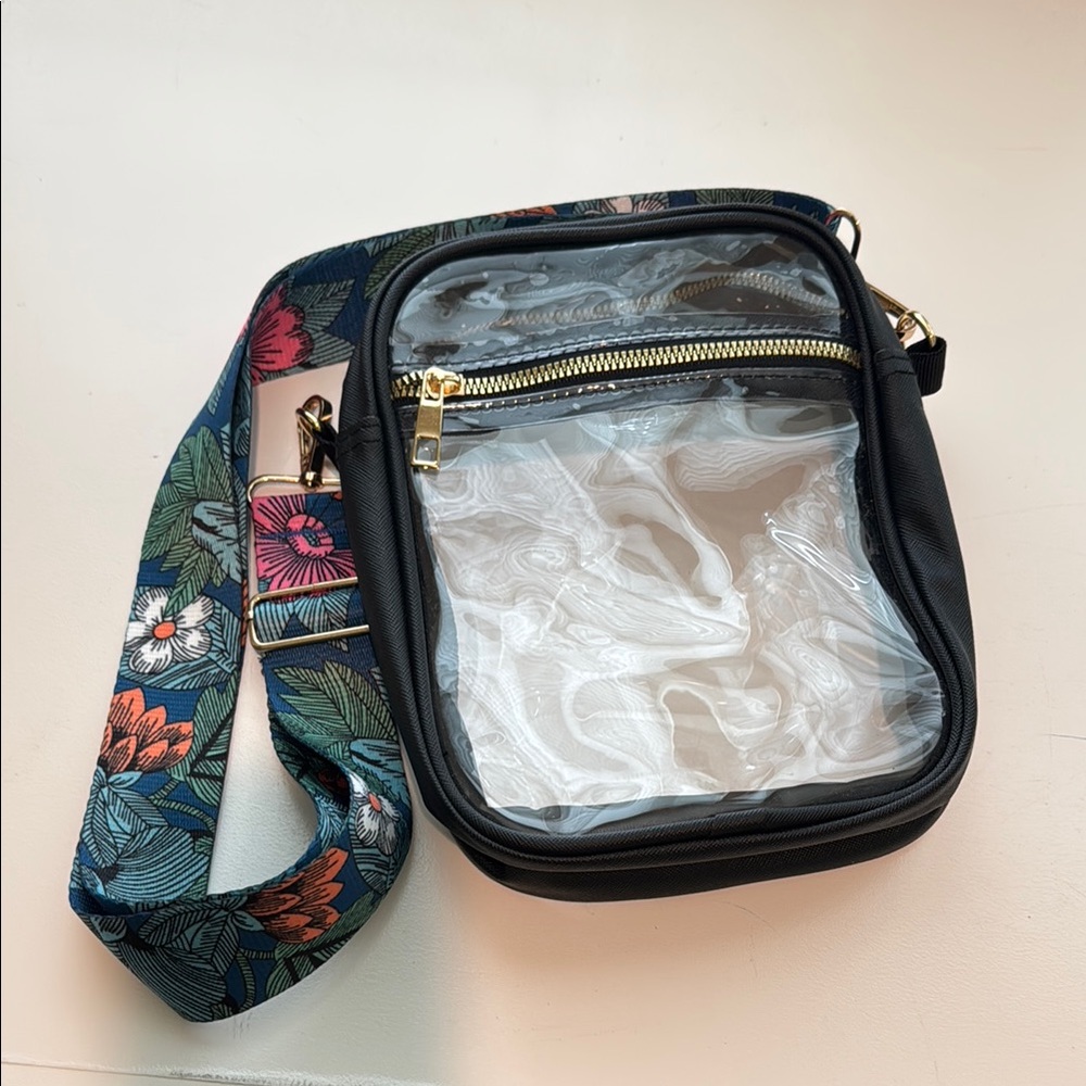Black Crossbody Bag with Clear Front and Artistic Strap
